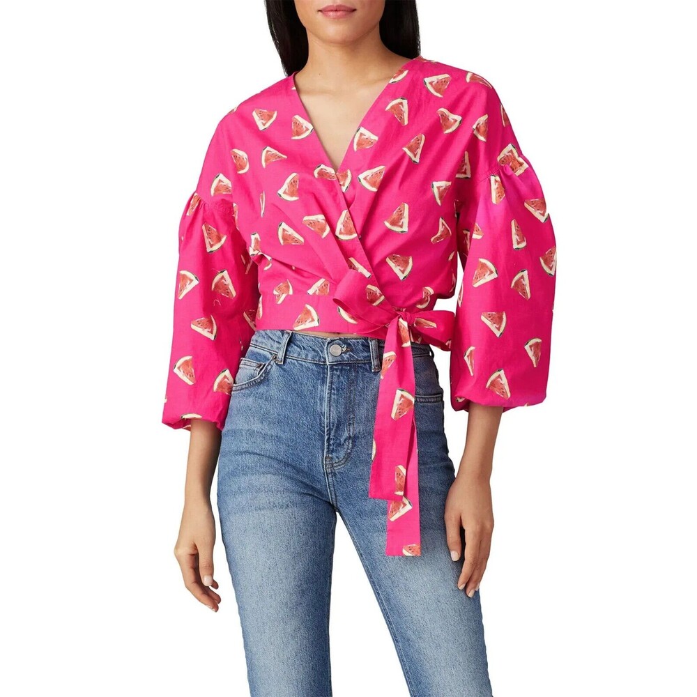 Color Me Courtney Size XS Emily Wrap Top Pink Melon Print 3/4 Puff Sleeve V-Neck